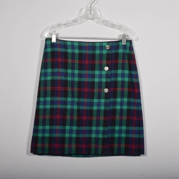Talbots Wool Blend Green Cheerful Tartan Plaid Faux Wrap Kilt A Line Skirt Sz 6 - Picture 2 of 4